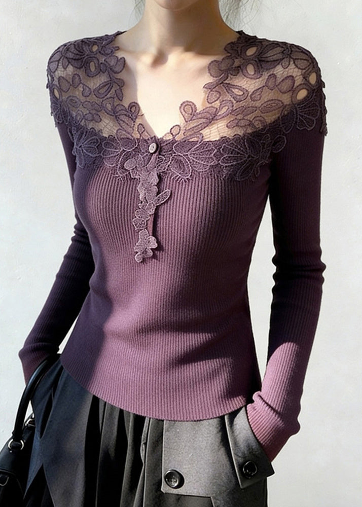 Purple Lace Patchwork Knit Knitted Tops V Neck Spring