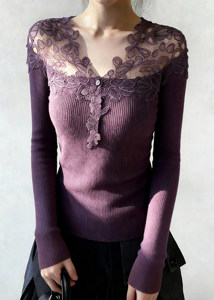 Purple Lace Patchwork Knit Knitted Tops V Neck Spring