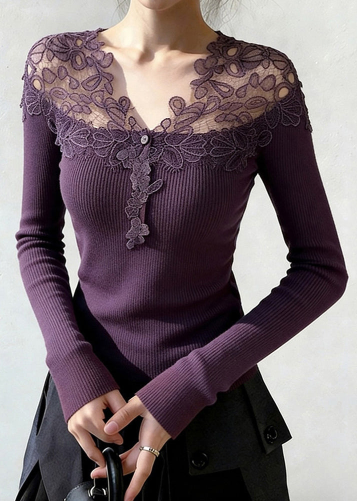Purple Lace Patchwork Knit Knitted Tops V Neck Spring