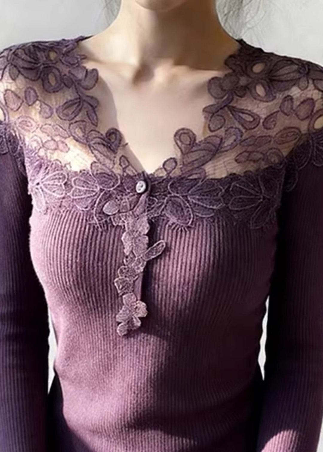 Purple Lace Patchwork Knit Knitted Tops V Neck Spring