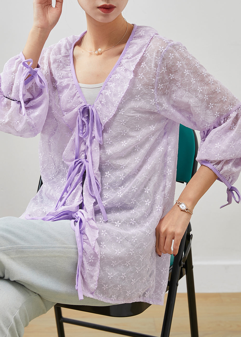 Purple Lace Shirt Tops Embroidered Ruffles Spring