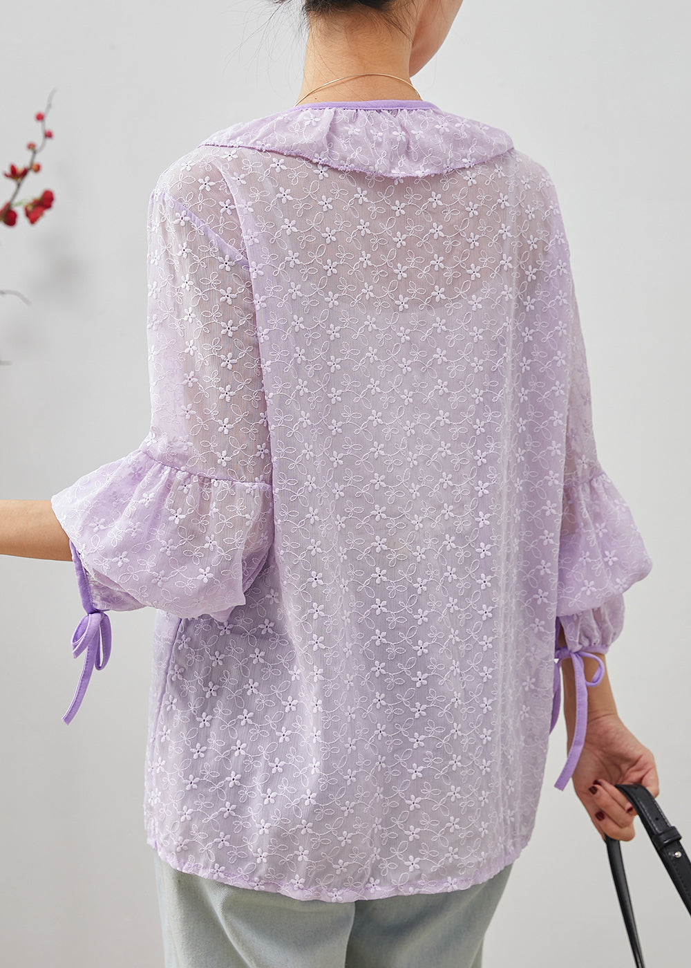 Purple Lace Shirt Tops Embroidered Ruffles Spring