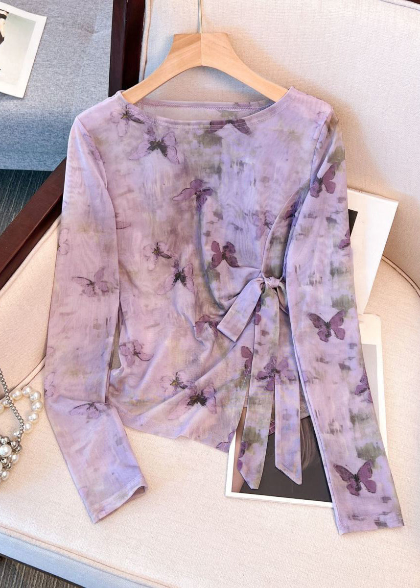 Purple Lace Up Side Open Tulle T Shirt Tops O Neck