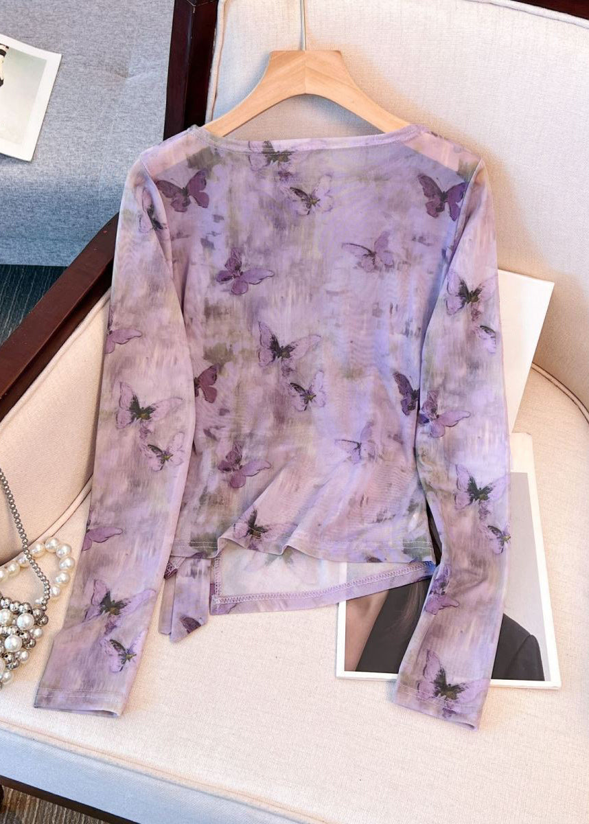 Purple Lace Up Side Open Tulle T Shirt Tops O Neck