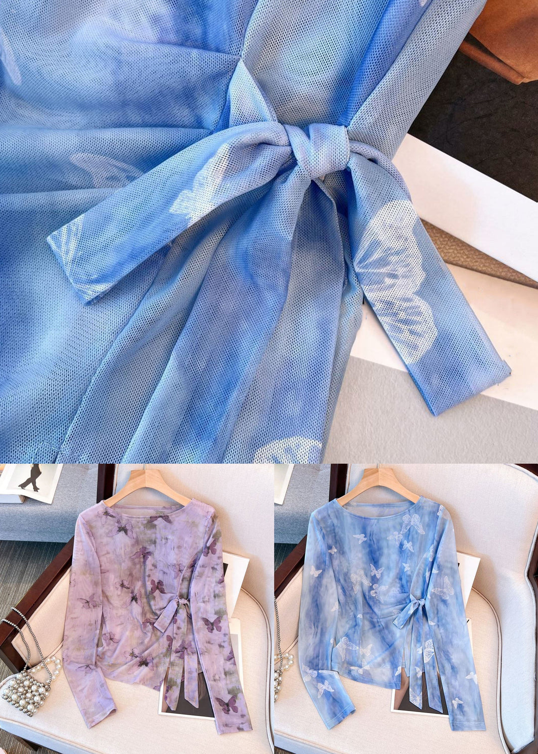 Purple Lace Up Side Open Tulle T Shirt Tops O Neck