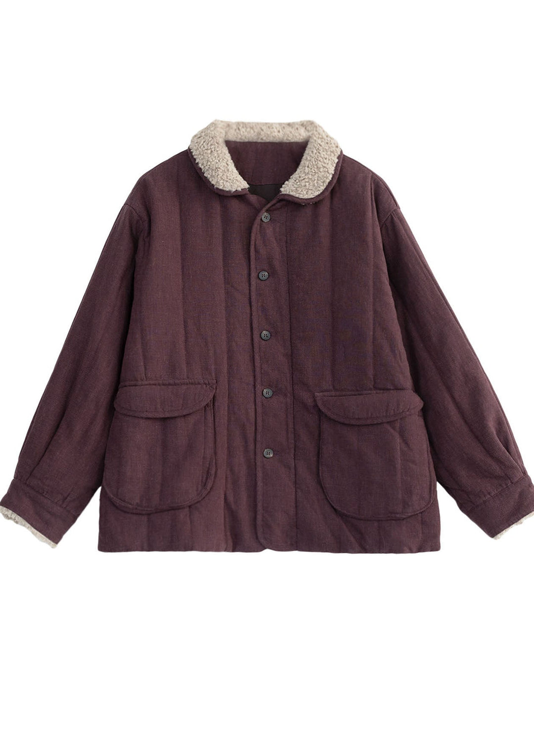 Purple Loose Fine Cotton Filled Jacket Fur Collar Pockets Winter
