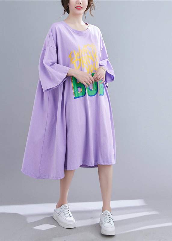 Purple O-Neck Long Dress Long Sleeve