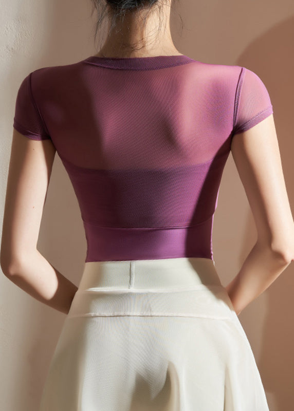Purple O-Neck Tulle Yoga Top Summer