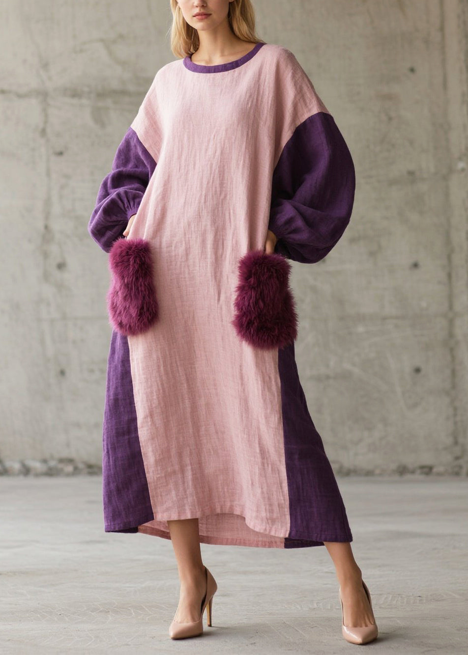 Purple Patchwork Faux Fur Dresses Oversized Pockets Fall