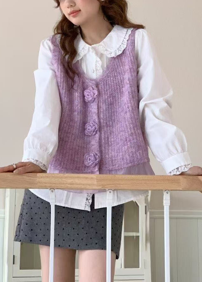 Purple Patchwork Knit Vests V Neck Floral Decorated Spring