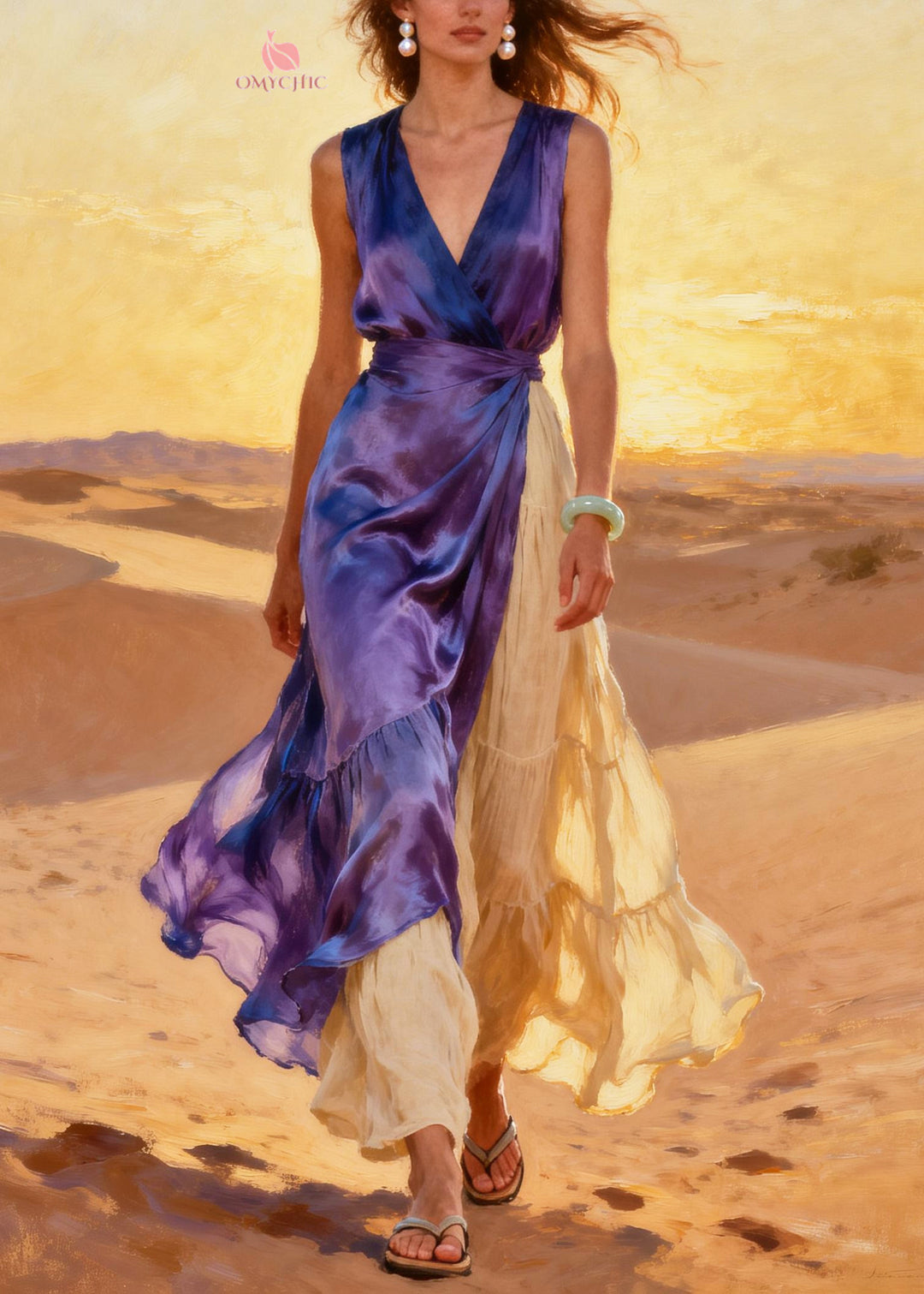 Purple Patchwork Linen Chiffon Holiday Dresses Asymmetrical Exra Large Hem Summer