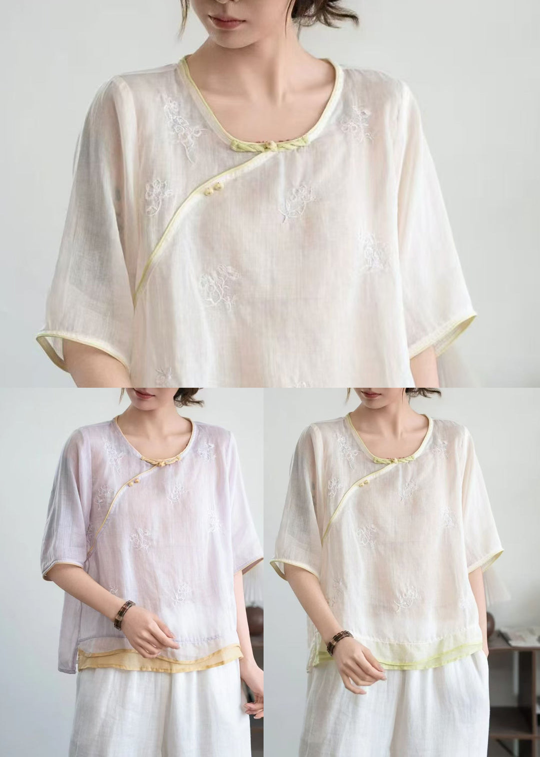 Purple Patchwork Linen Top Embroidered Chinese Button Summer