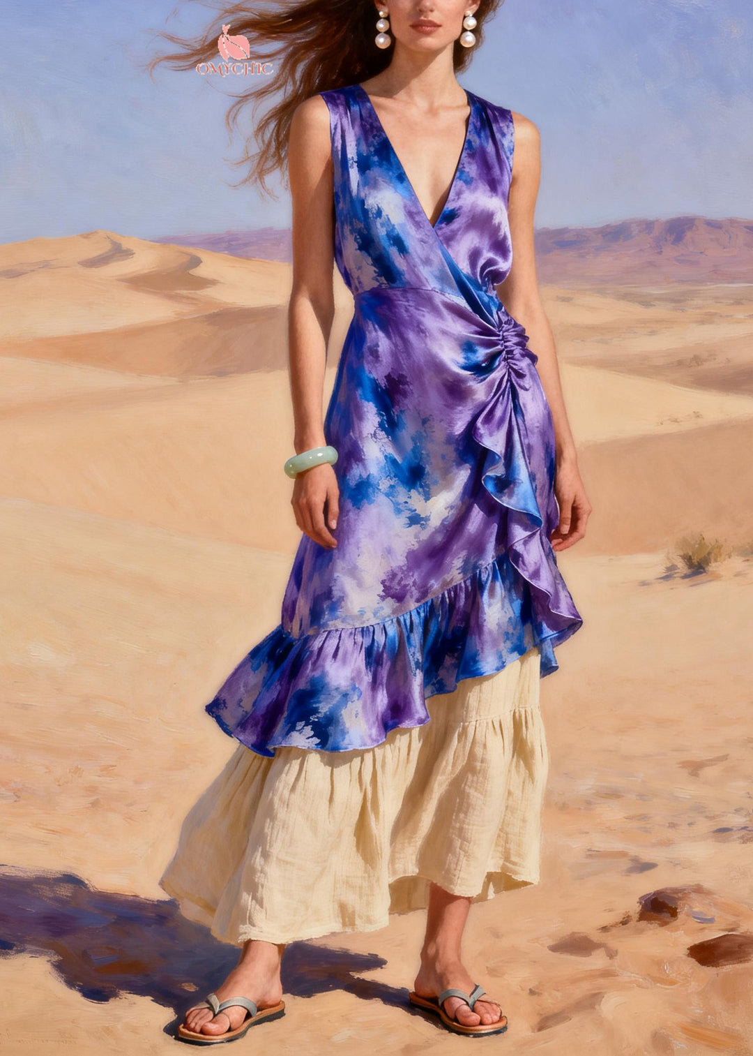 Purple Patchwork Silk Long Dresses Tie Dye Wrinkled Summer