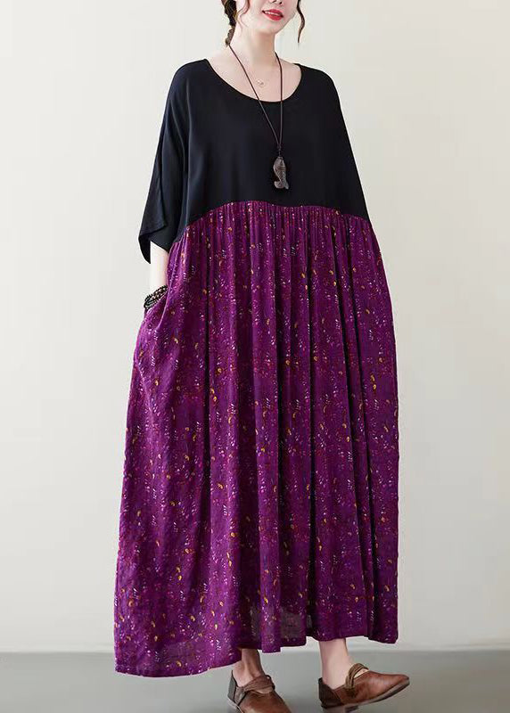 Purple Patchwork Wrinkled Maxi Dress Summer