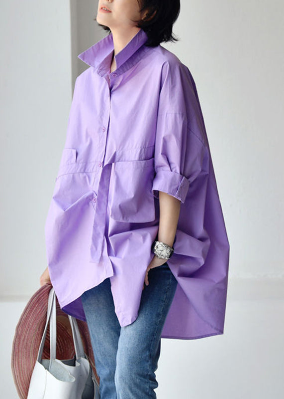 Pink Crane Peter Pan Collar Low High Design Cotton Shirt Long Sleeve - Omychic