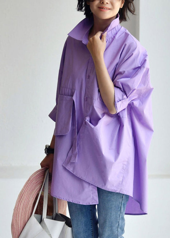 Pink Crane Peter Pan Collar Low High Design Cotton Shirt Long Sleeve - Omychic