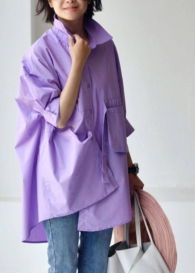 Pink Crane Peter Pan Collar Low High Design Cotton Shirt Long Sleeve - Omychic