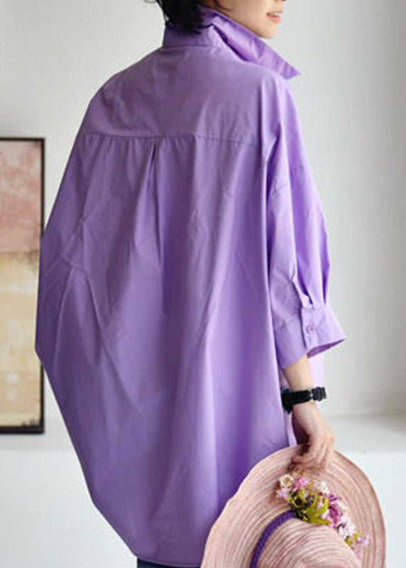 Pink Crane Peter Pan Collar Low High Design Cotton Shirt Long Sleeve - Omychic