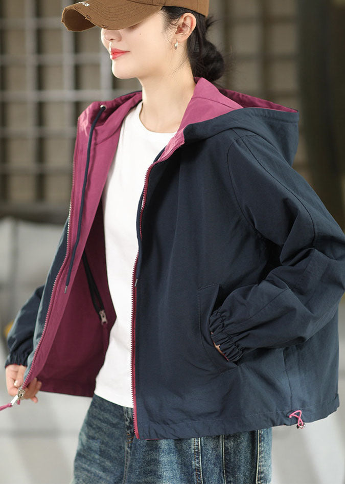 Purple Pockets Cotton Coats Hooded Wear On Both Sides Fall