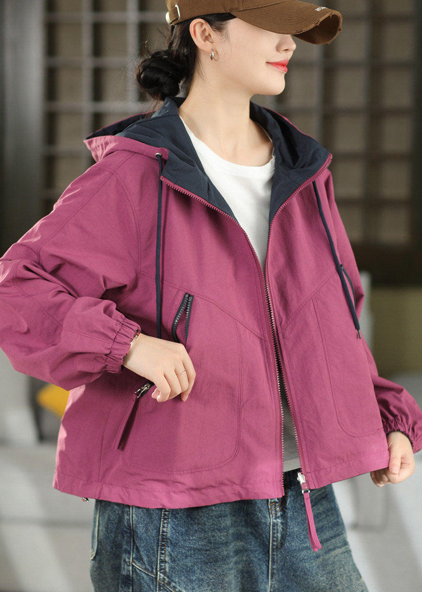 Purple Pockets Cotton Coats Hooded Wear On Both Sides Fall