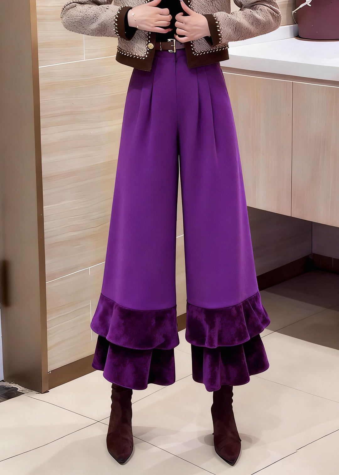 Purple Pockets High Waist Solid Cotton Crop Pants Ruffled