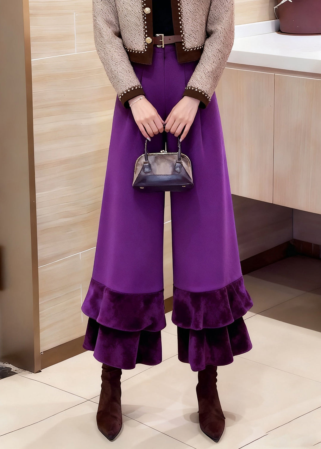 Purple Pockets High Waist Solid Cotton Crop Pants Ruffled