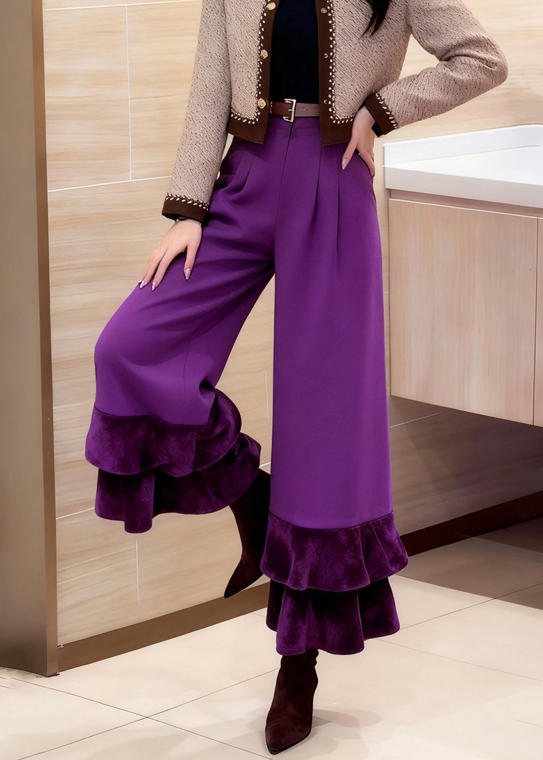 Purple Pockets High Waist Solid Cotton Crop Pants Ruffled