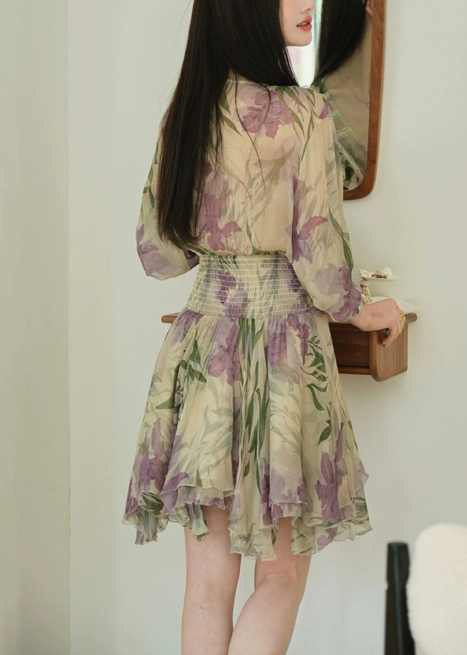 Purple Print Lace High Waist Chiffon Dresses Ruffled