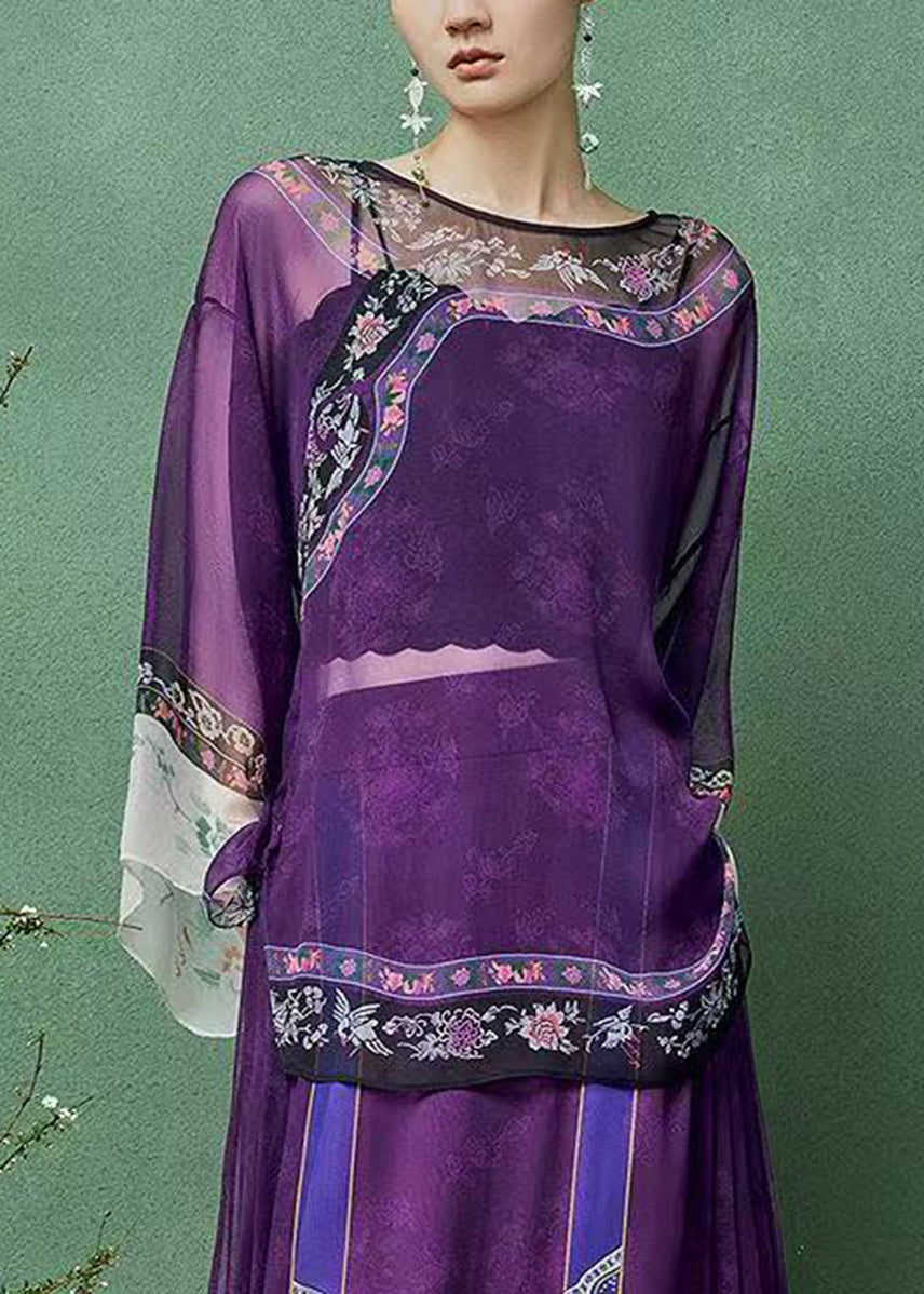 Purple Print O-Neck Sheer Shirts Top Long sleeve