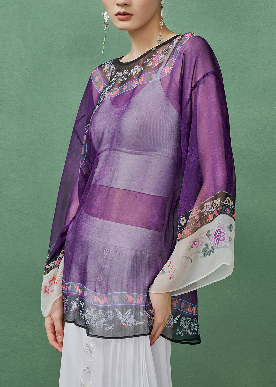 Purple Print O-Neck Sheer Shirts Top Long sleeve