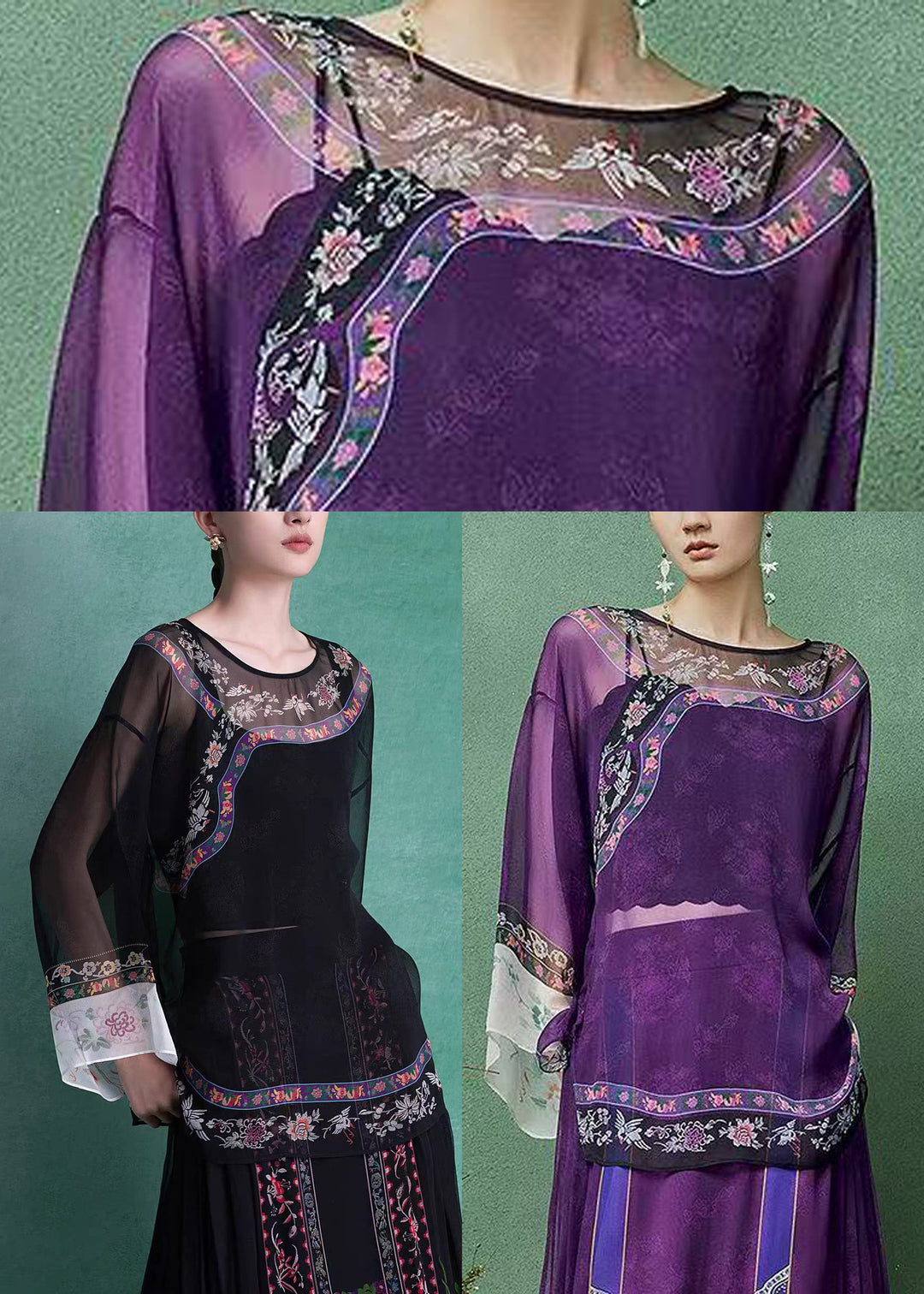 Purple Print O-Neck Sheer Shirts Top Long sleeve