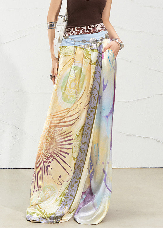 Purple Print Pockets Silk Summer Pants High Waist