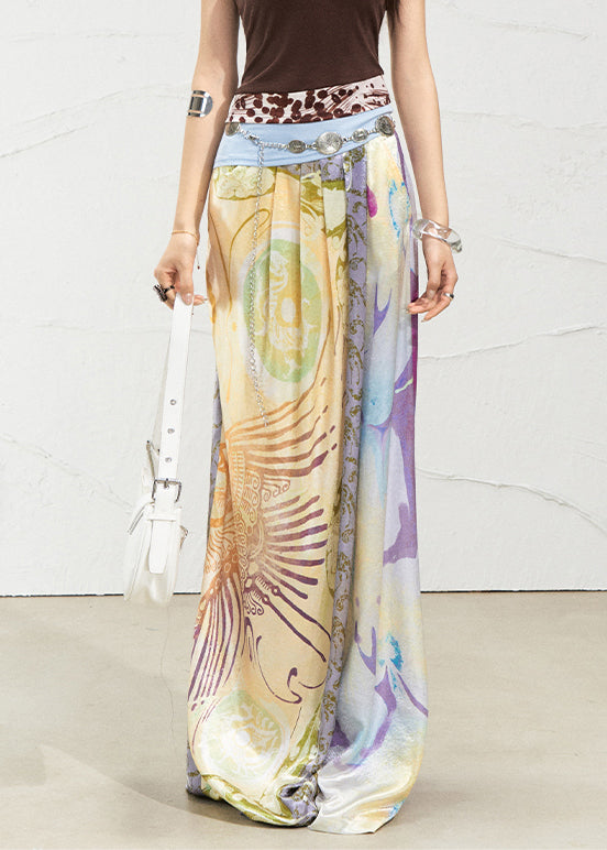 Purple Print Pockets Silk Summer Pants High Waist