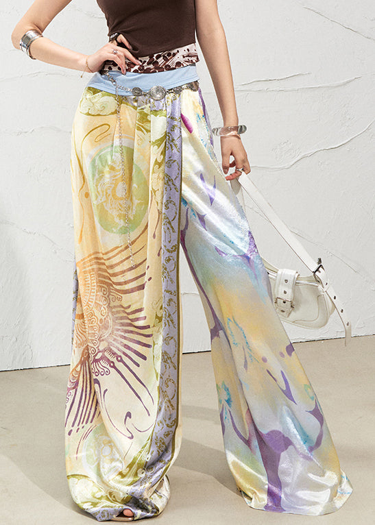 Purple Print Pockets Silk Summer Pants High Waist
