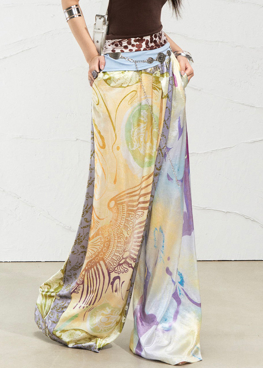 Purple Print Pockets Silk Summer Pants High Waist