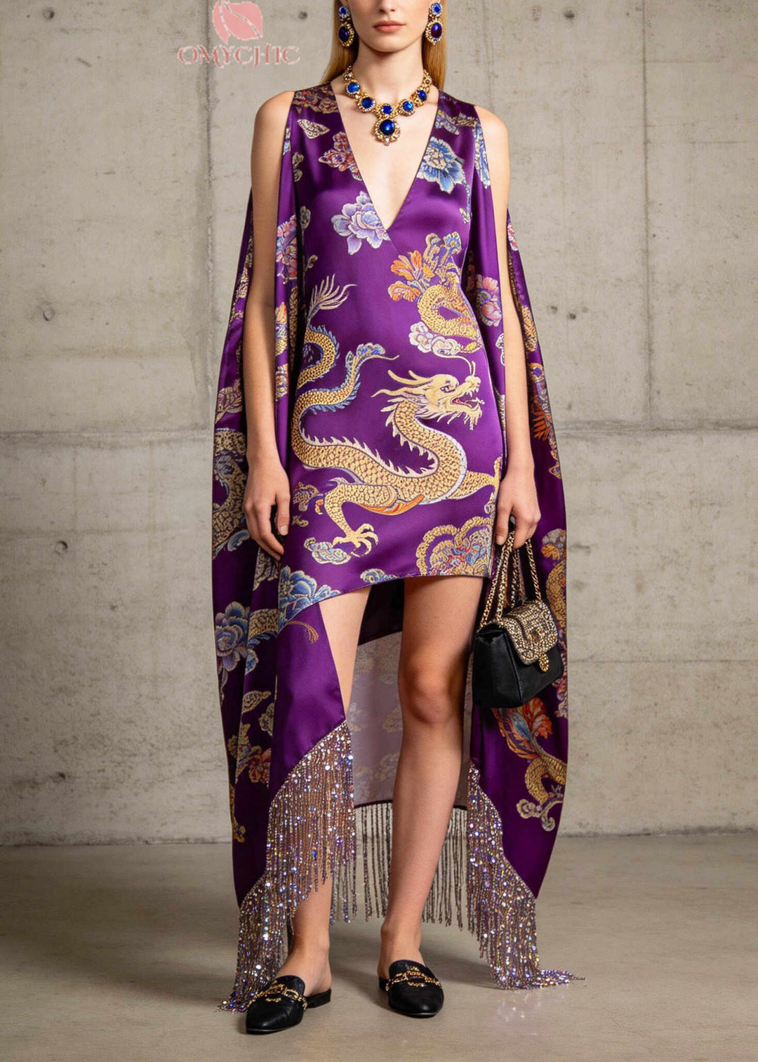 Purple Print Silk Dresses Low High Design Fringe Trim Sleeveless