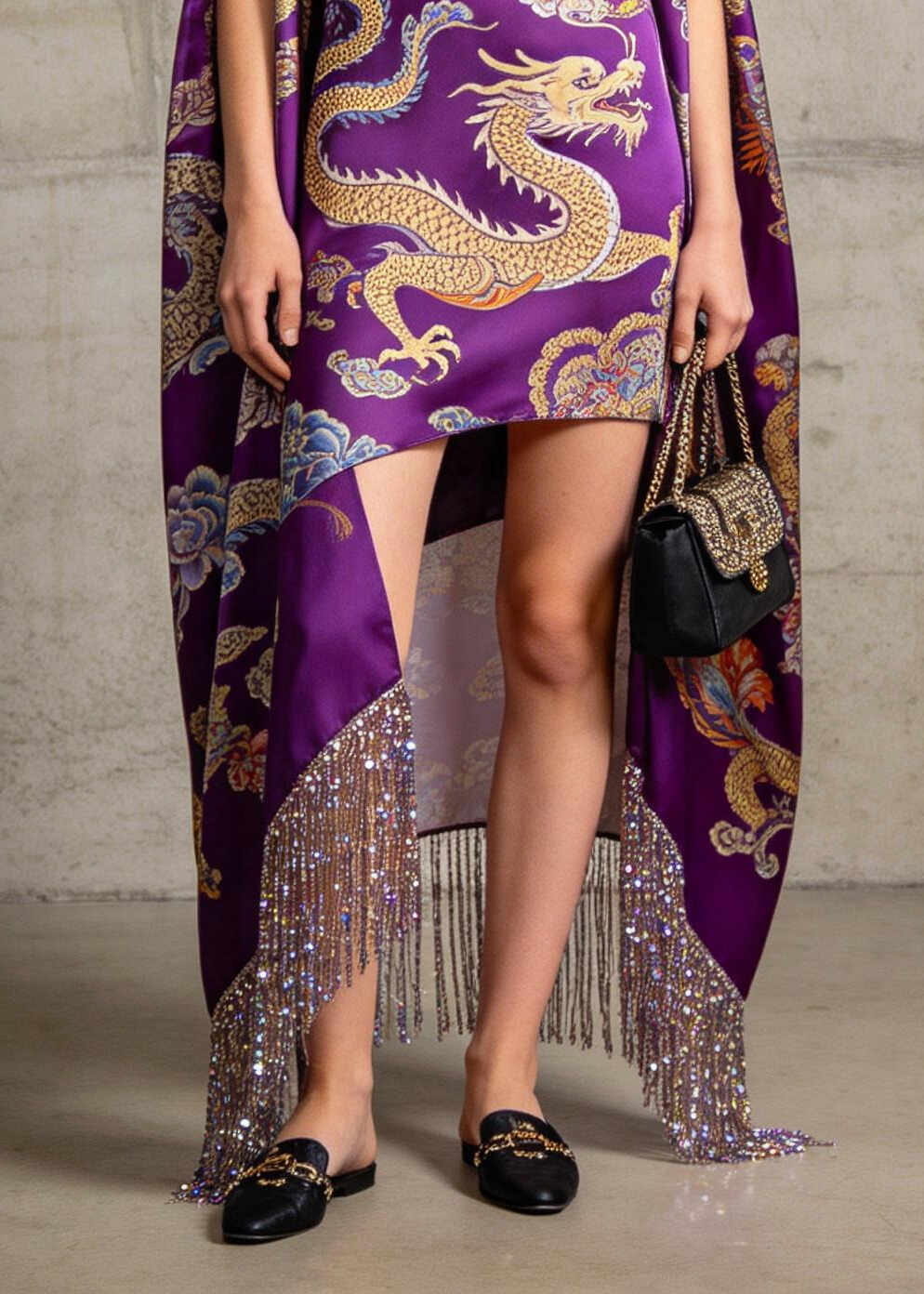 Purple Print Silk Dresses Low High Design Fringe Trim Sleeveless