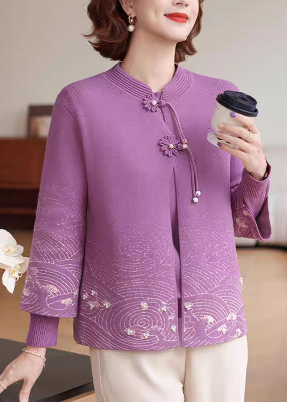 Purple Print Tassel Warm Fleece Cotton Knit Coat Fall