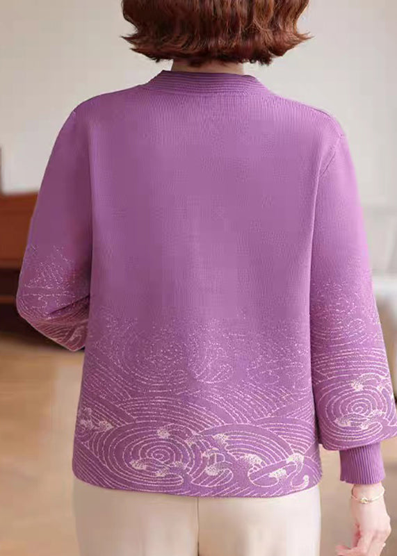 Purple Print Tassel Warm Fleece Cotton Knit Coat Fall