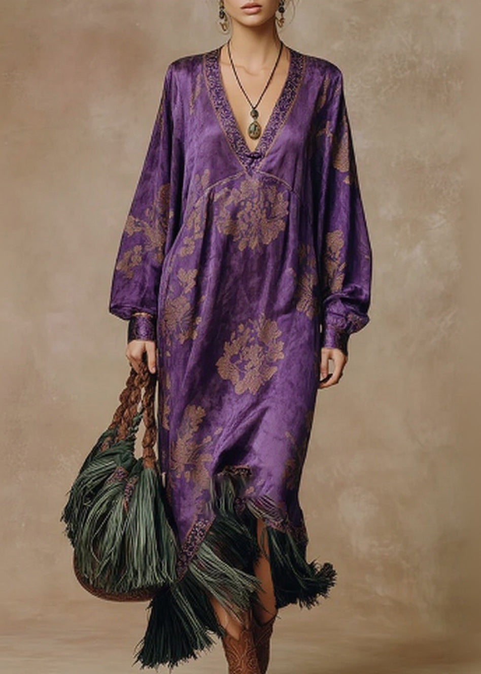 Purple Print Tasseled Patchwork Silk Long Dress O Neck Spring