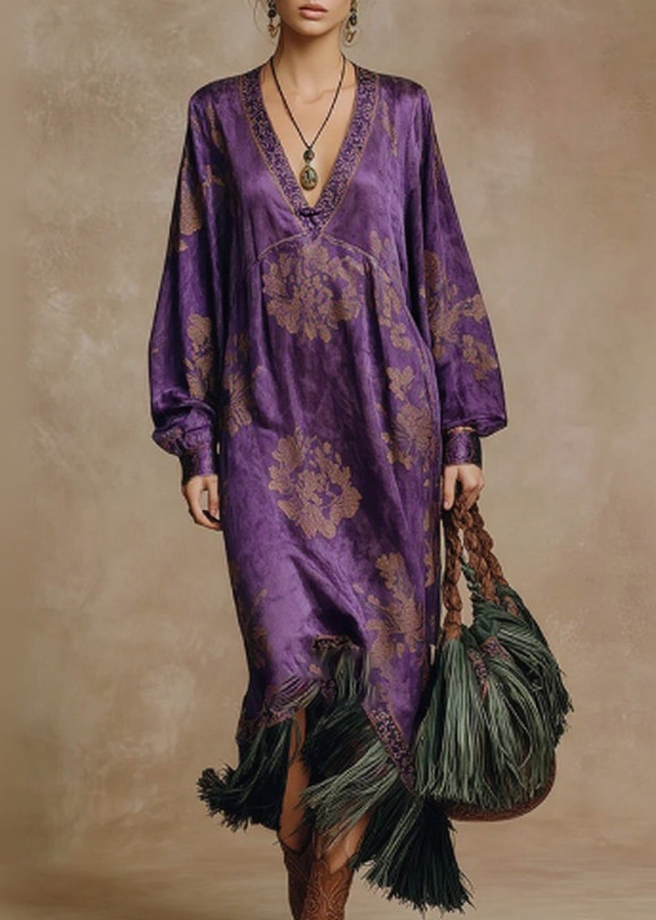 Purple Print Tasseled Patchwork Silk Long Dress O Neck Spring