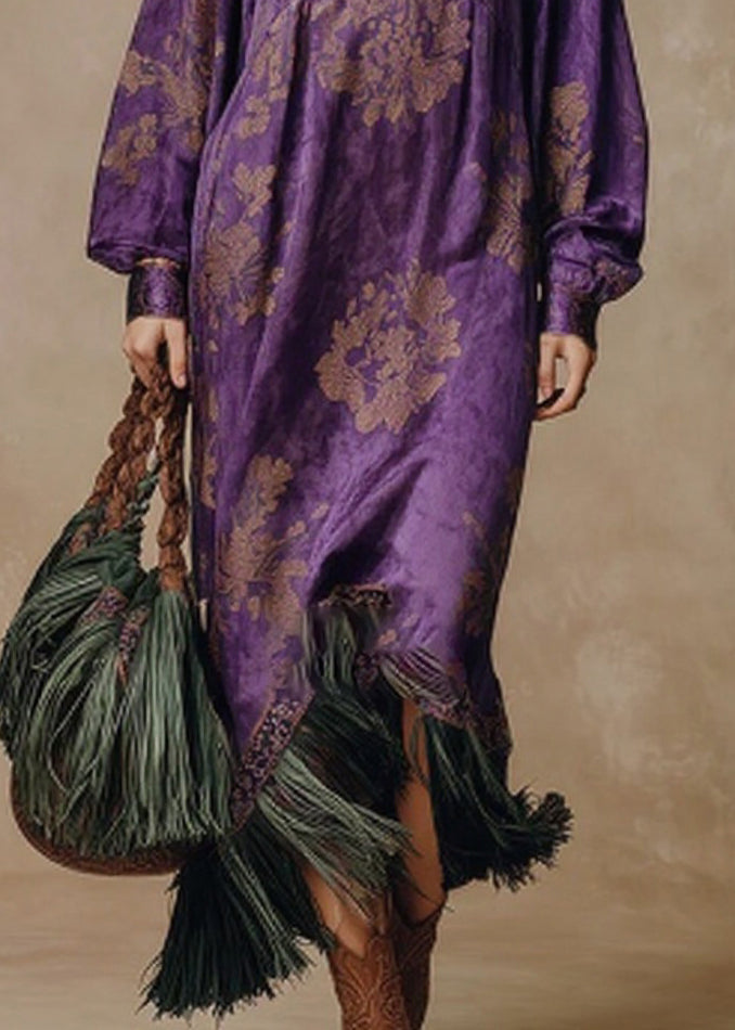 Purple Print Tasseled Patchwork Silk Long Dress O Neck Spring