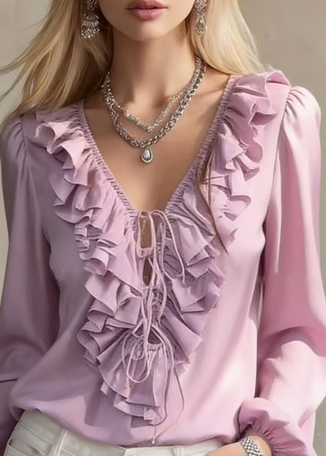 Purple Ruffled Lace Up Chiffon Blouses V Neck Lantern Sleeve