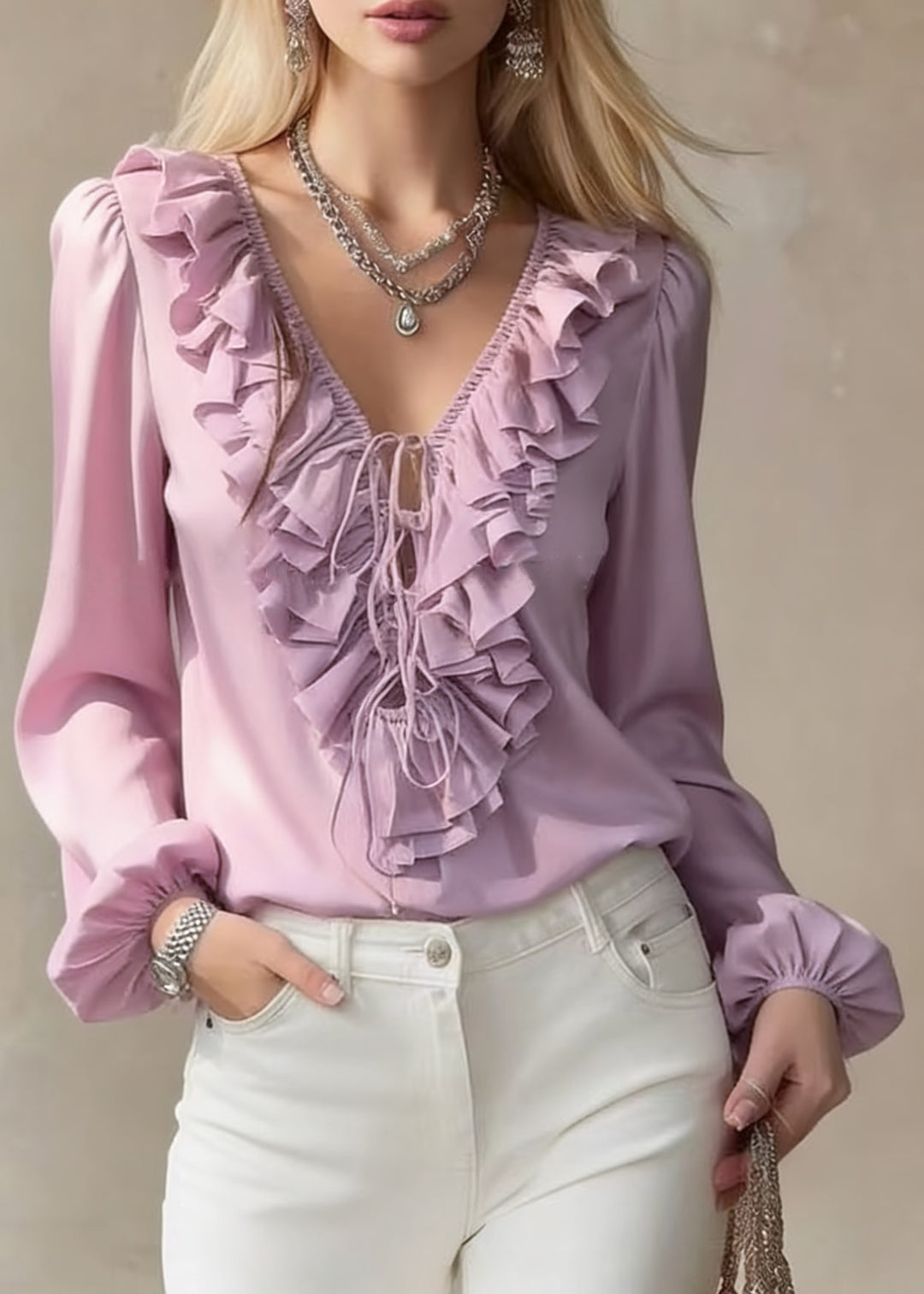 Purple Ruffled Lace Up Chiffon Blouses V Neck Lantern Sleeve