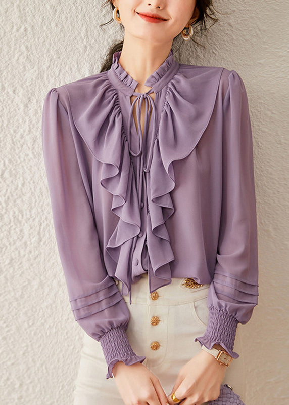 Purple Ruffled Patchwork Tie Lace Solid Shirt Fall