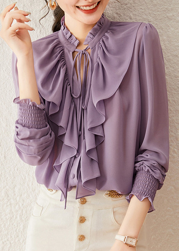 Purple Ruffled Patchwork Tie Lace Solid Shirt Fall