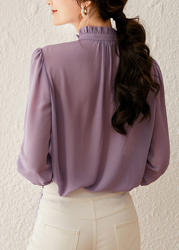 Purple Ruffled Patchwork Tie Lace Solid Shirt Fall