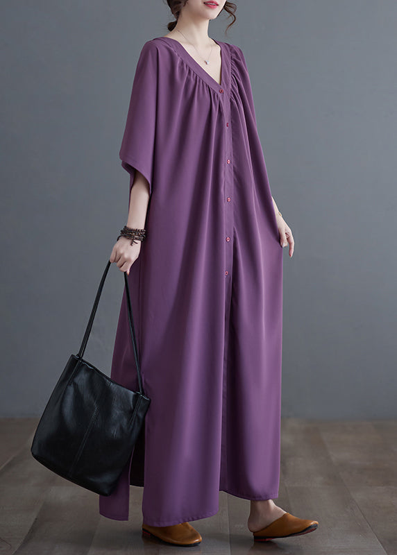 Purple Side Open Long Dresses Short Sleeve