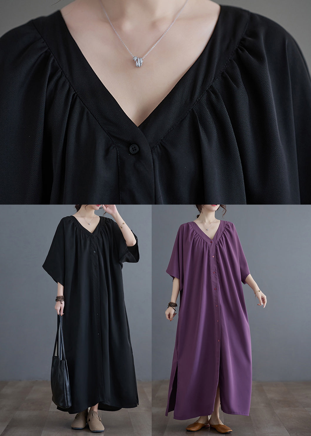 Purple Side Open Long Dresses Short Sleeve