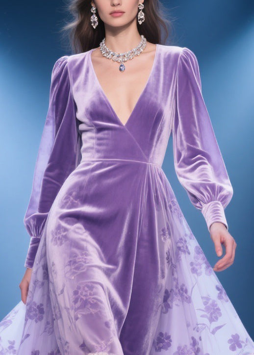 Purple Silk Velvet Lace Floral Print High Waist Party Dress V Neck Spring